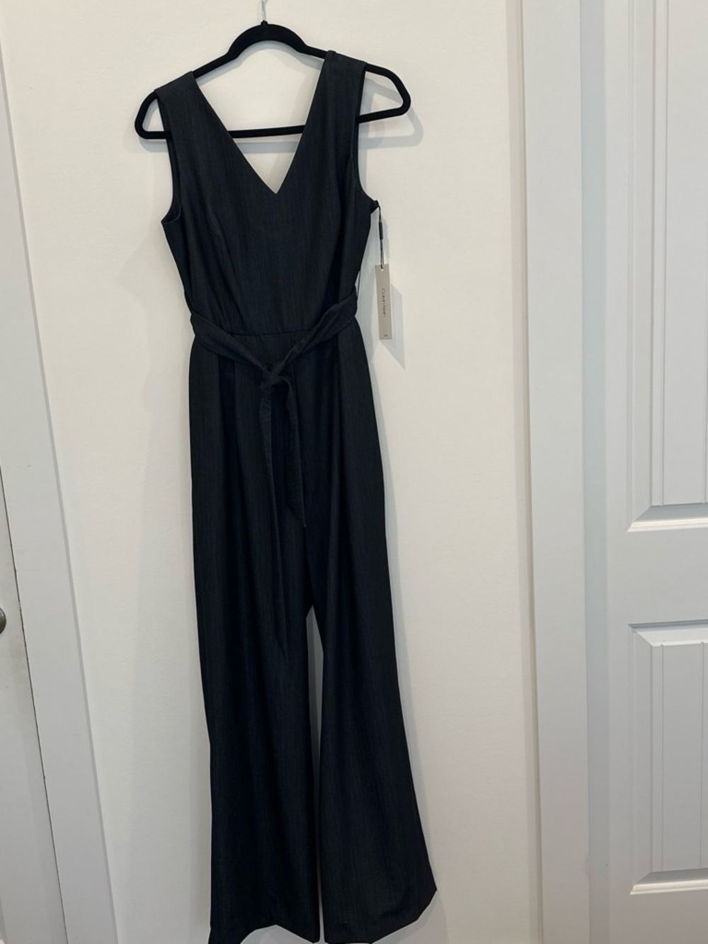 Calvin Klein Sleeveless V-Neck Wide-Leg Black Jumpsuit with Self-Tie Waist